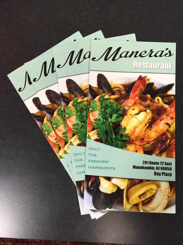 custom printed take out menu for manera's in manahawkin