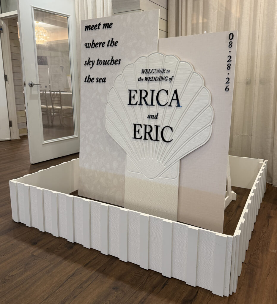 Custom dimensional wedding welcome sign with raised shell detail for Erica and Eric