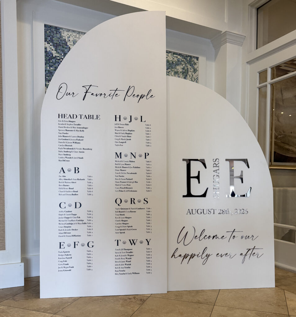 Custom freestanding wedding seating chart and dimensional event display