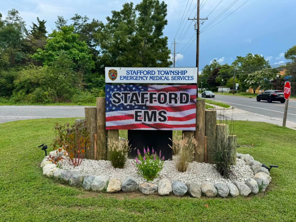 Stafford Township EMS full-color LED message center sign displaying an American flag graphic